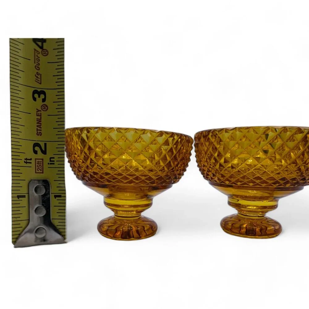 Vintage Amber Gold Glass Set of 2 Dessert Dish Cup Diamond Cut Design Bowls